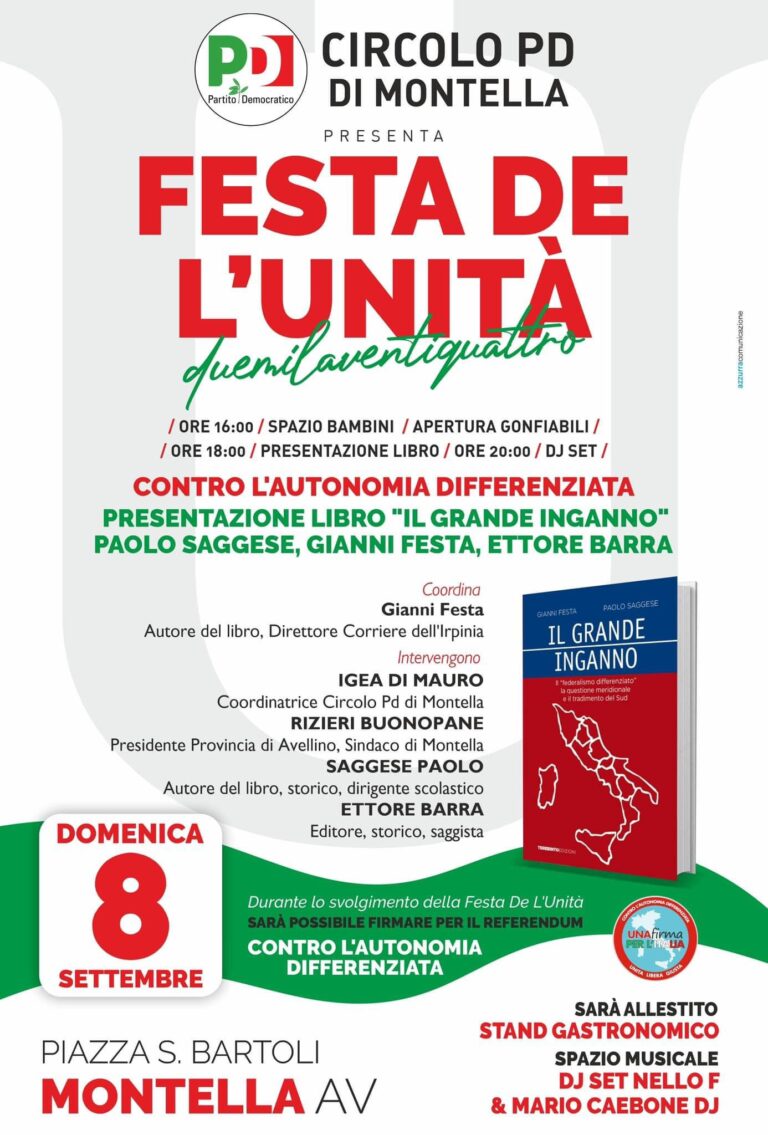 Montella, il Circolo Pd organizza la Festa De L’Unità