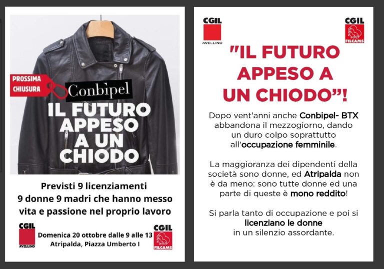 Cgil Avellino, “Il futuro appesa a un chiodo”: domani sit-in ad Atripalda