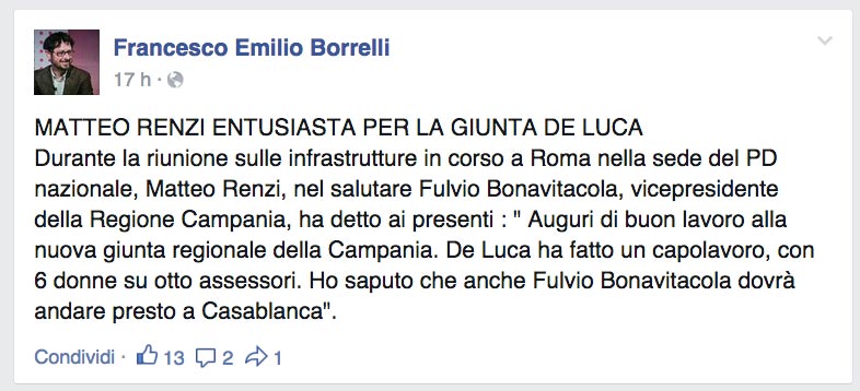 Il commento di Borrelli su Facebook